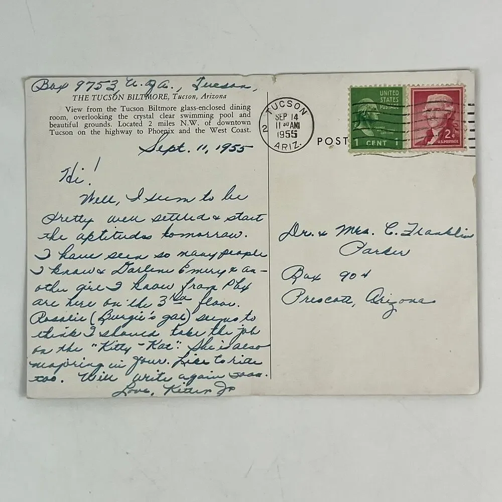 Vtg Sept 11th 1955 Postcard The Tucson Biltmore Hotel Dining Arizona AZ Phoenix